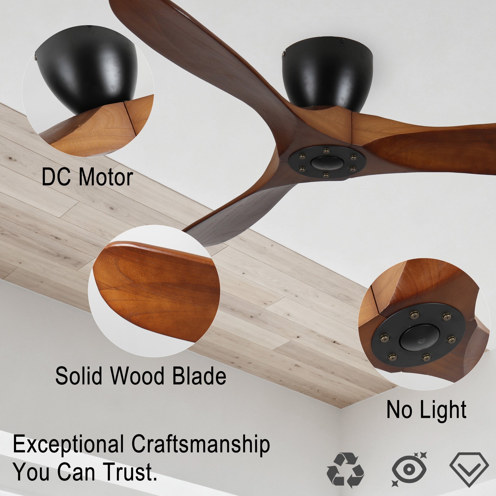 42-Inch Flush Mount Ceiling Fan Without Light, Solid Wood Blades, Reversible Quiet DC Motor, Remote Control with 6 Speeds & Timer, Energy Saving for Bedroom, Living Room,  No Sloped Ceiling