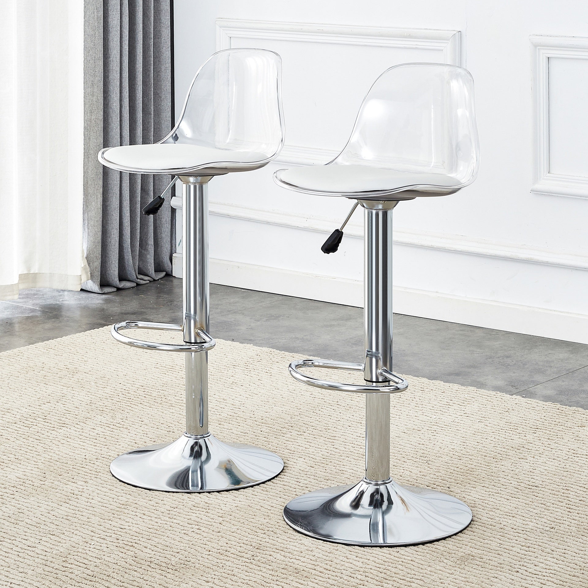 Modern minimalist bar chairs and bar stools. Can rotate 360 ° and adjust lifting. PET backrest and PU seats. Set of 2. Suitable for bars, restaurants, and front desk cashiers. W1151P172644