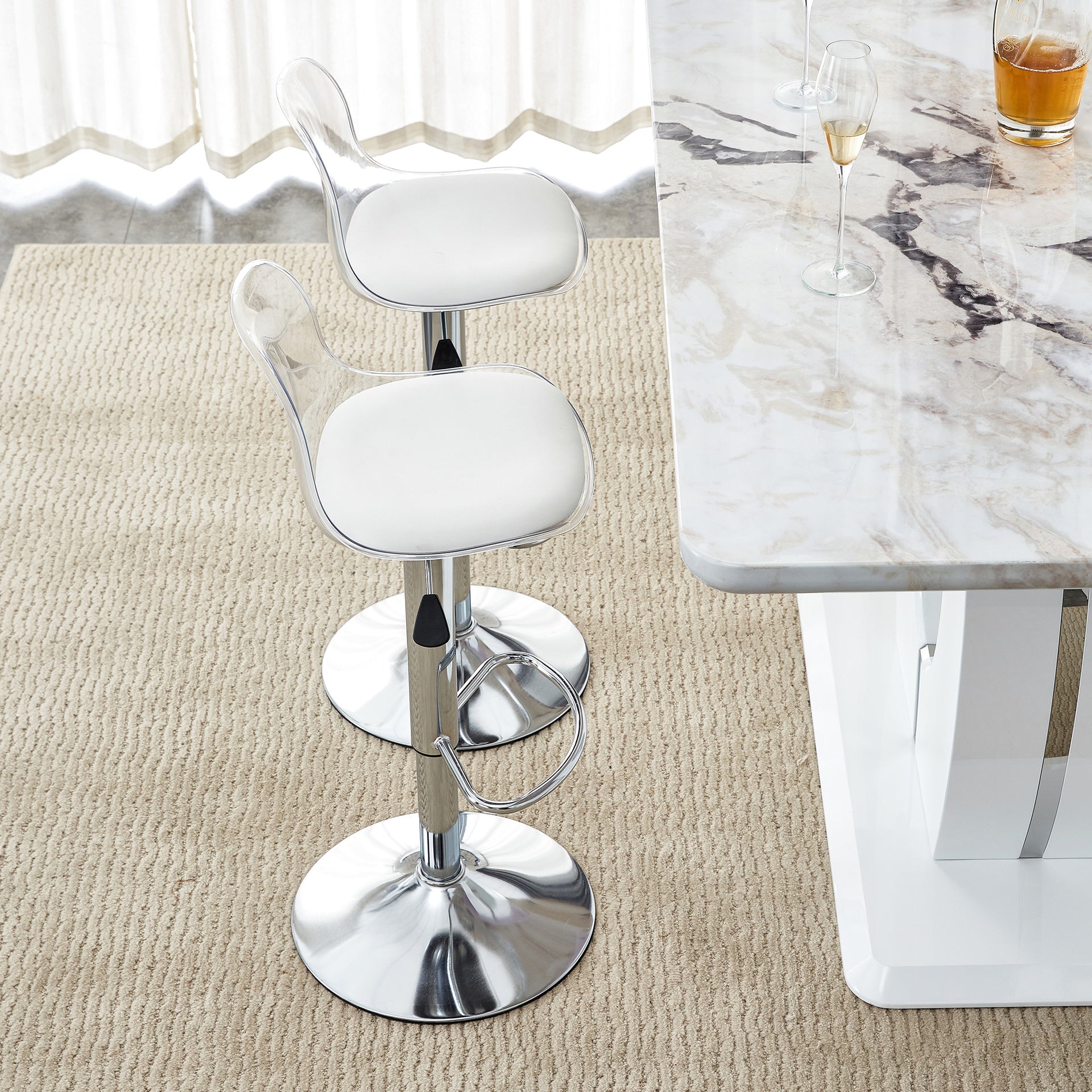 Modern minimalist bar chairs and bar stools. Can rotate 360 ° and adjust lifting. PET backrest and PU seats. Set of 2. Suitable for bars, restaurants, and front desk cashiers. W1151P172644