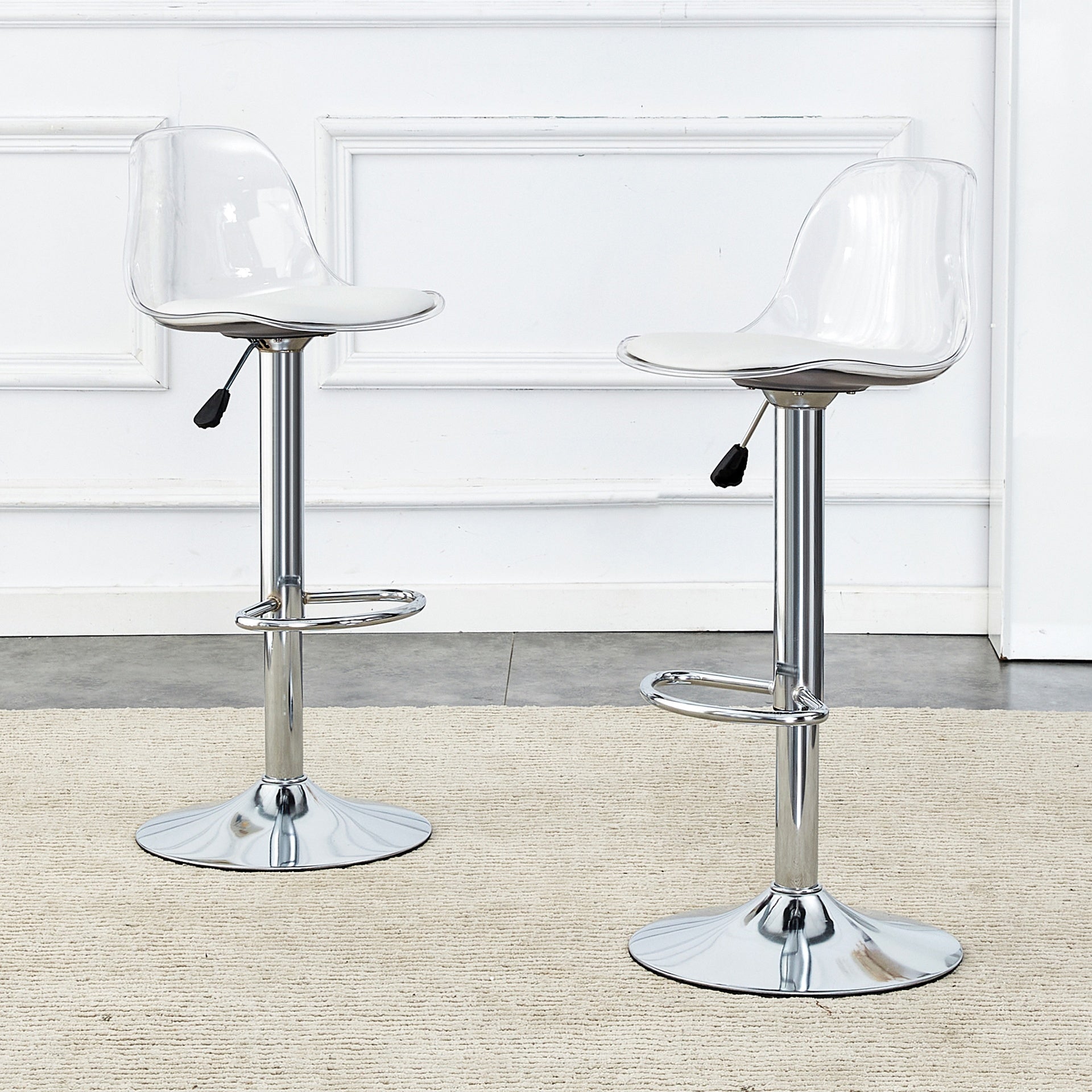 Modern minimalist bar chairs and bar stools. Can rotate 360 ° and adjust lifting. PET backrest and PU seats. Set of 2. Suitable for bars, restaurants, and front desk cashiers. W1151P172644