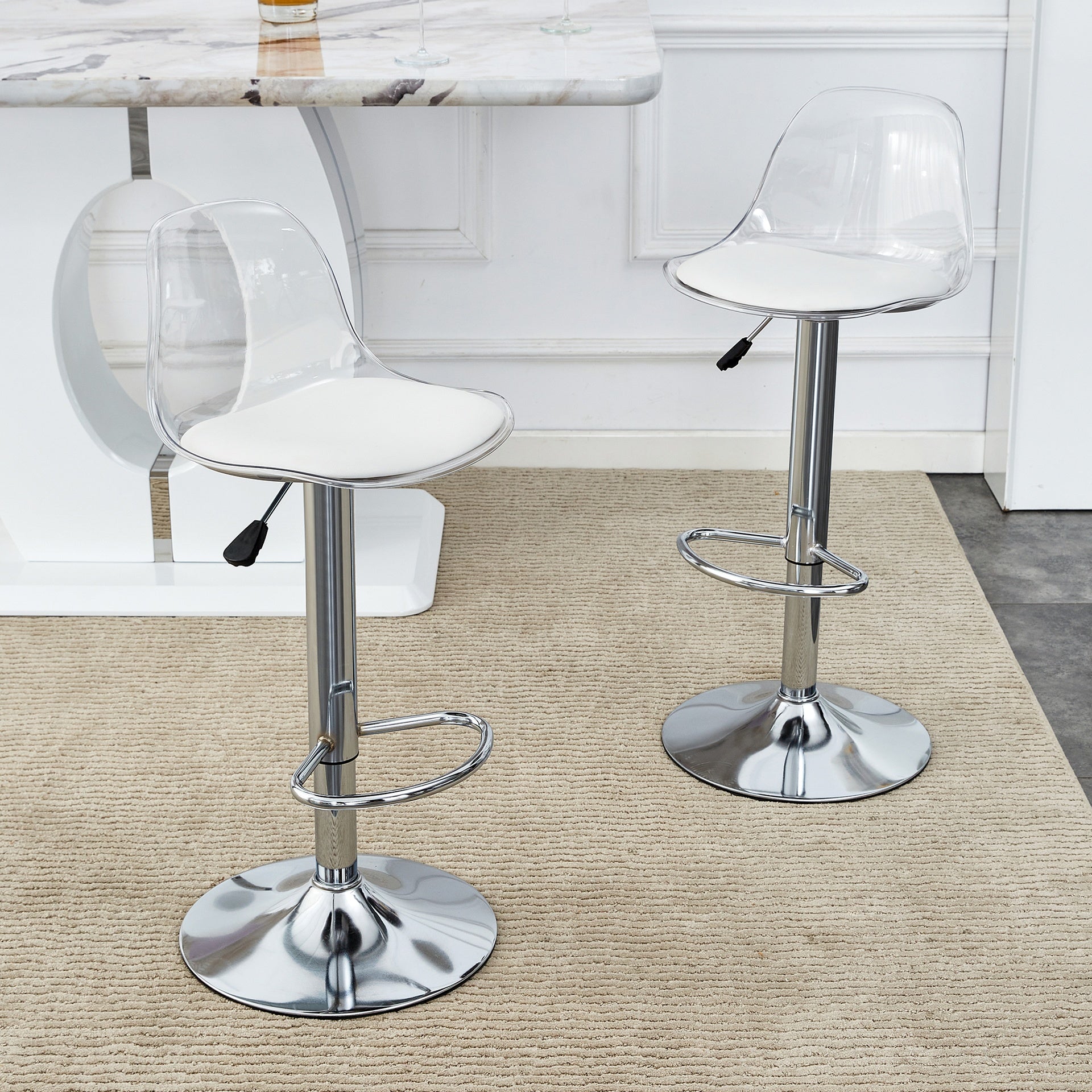 Modern minimalist bar chairs and bar stools. Can rotate 360 ° and adjust lifting. PET backrest and PU seats. Set of 2. Suitable for bars, restaurants, and front desk cashiers. W1151P172644