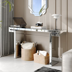 60 Inches Luxury Full-Length Mirror Console Table with Fluted Tempered Glass, Entryway Mirrored Sofa Table, Light Luxury Style, Scratch-Resistant, Reinforced Packaging