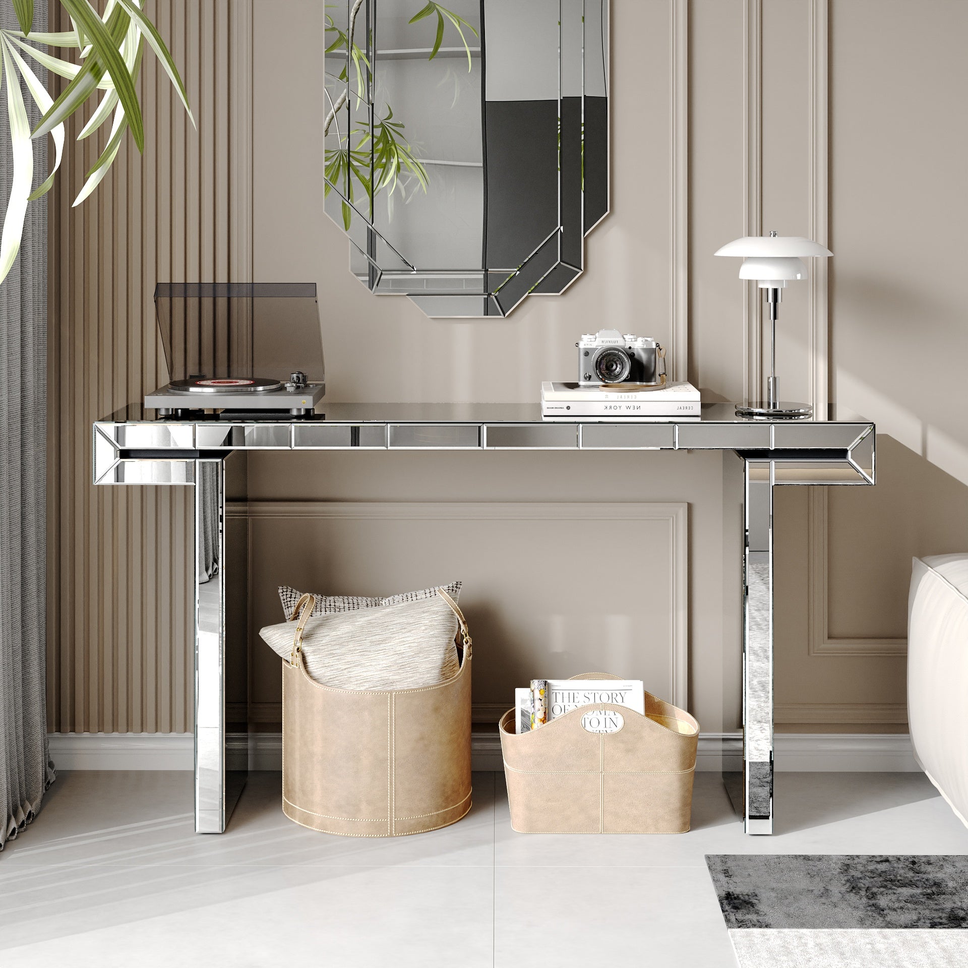 60 Inches Luxury Full-Length Mirror Console Table with Fluted Tempered Glass, Entryway Mirrored Sofa Table, Light Luxury Style, Scratch-Resistant, Reinforced Packaging