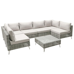 K&K 7-Piece Wicker Patio Furniture Set, Outdoor Conversation Set Sectional Sofa with Water Resistant Grey Thick Cushions and Coffee Table for Outdoor Couch, Porch, Backyard - Grey