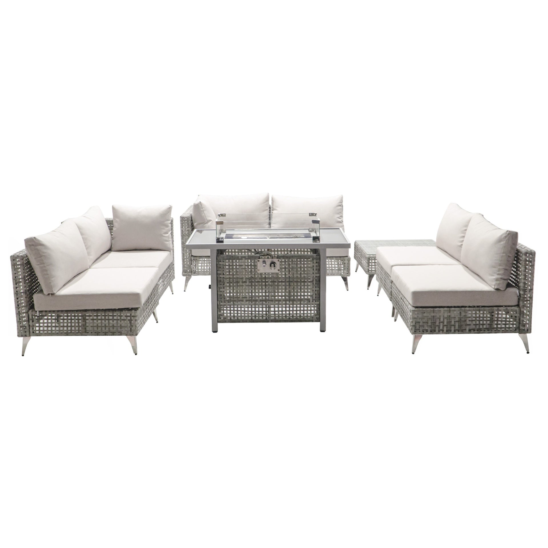 K&K patio 8-Piece Patio Furniture Set with 43" Fire Pit Table, Outdoor Conversation Set & 60,000 BTU 43 Inch Rectangle Propane Fire Pit with Water Resistant Grey Thick Cushions, Grey