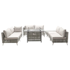 K&K patio 8-Piece Patio Furniture Set with 43" Fire Pit Table, Outdoor Conversation Set & 60,000 BTU 43 Inch Rectangle Propane Fire Pit with Water Resistant Grey Thick Cushions, Grey