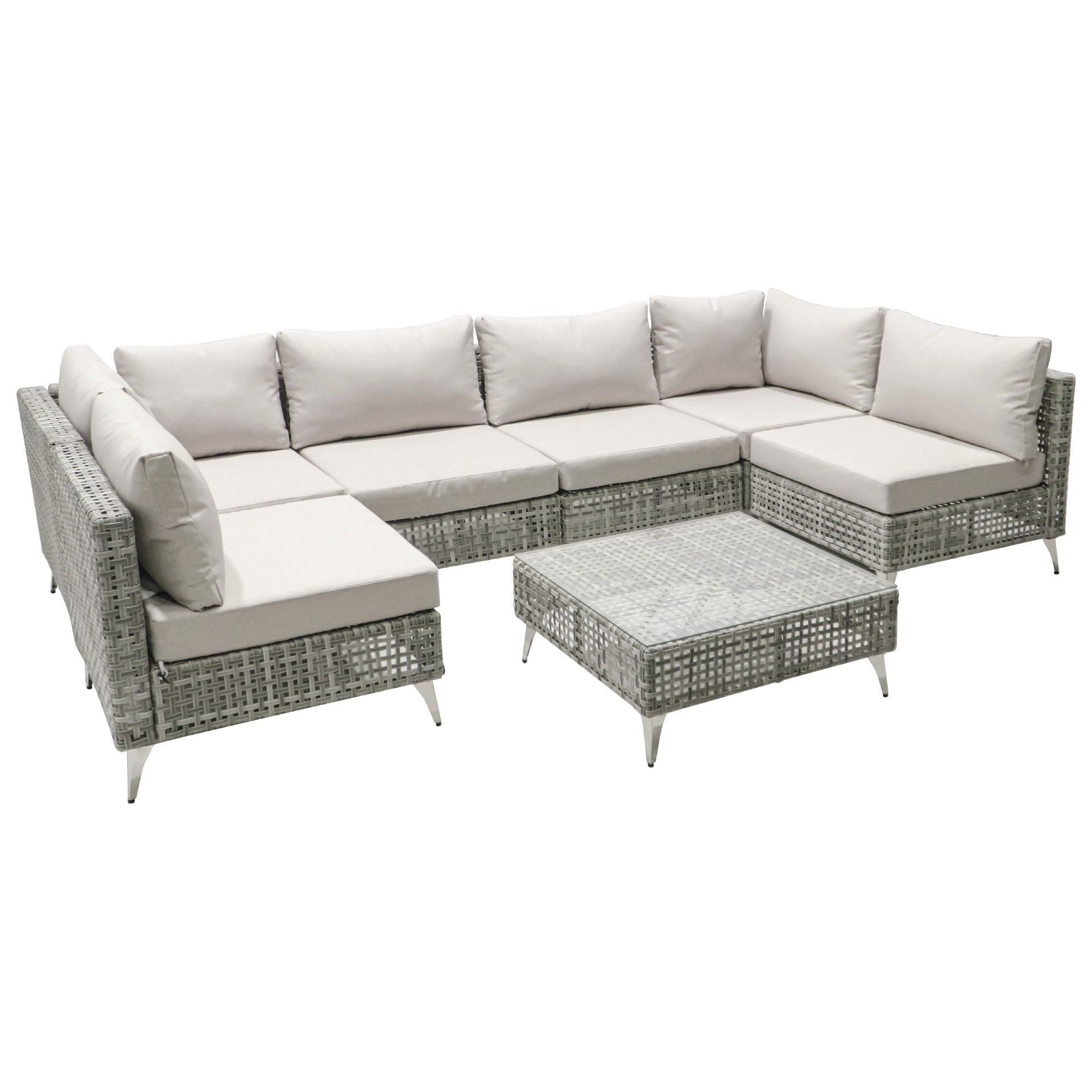 K&K patio 8-Piece Patio Furniture Set with 43" Fire Pit Table, Outdoor Conversation Set & 60,000 BTU 43 Inch Rectangle Propane Fire Pit with Water Resistant Grey Thick Cushions, Grey