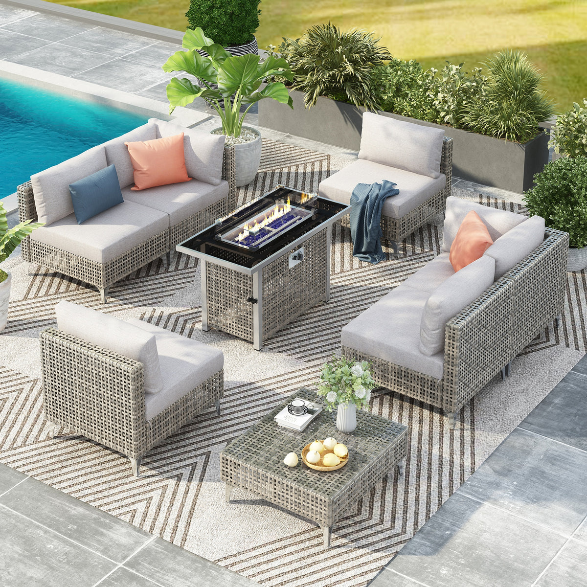 K&K patio 8-Piece Patio Furniture Set with 43" Fire Pit Table, Outdoor Conversation Set & 60,000 BTU 43 Inch Rectangle Propane Fire Pit with Water Resistant Grey Thick Cushions, Grey