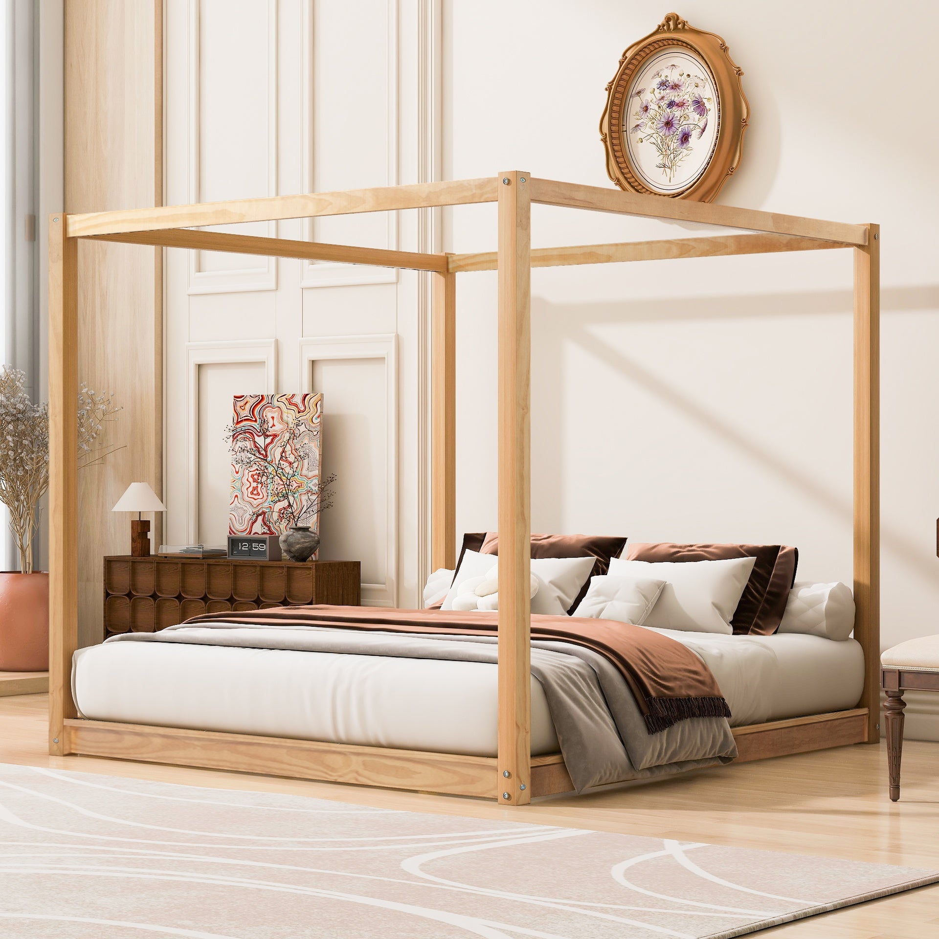 King Size Canopy Platform Bed with Support Legs, Natural