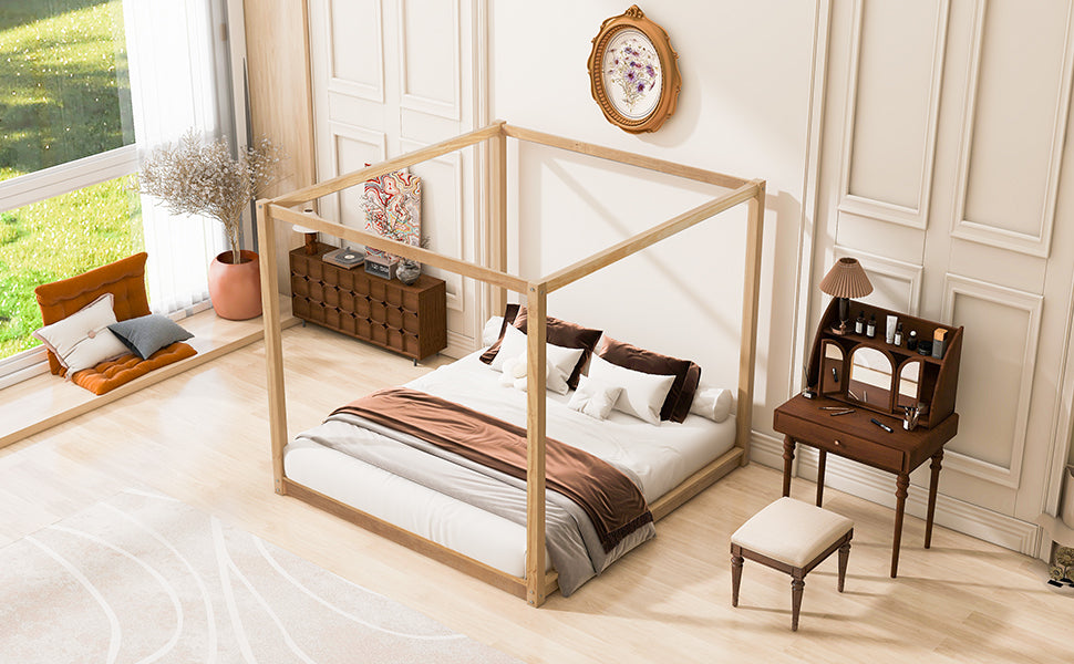 King Size Canopy Platform Bed with Support Legs, Natural