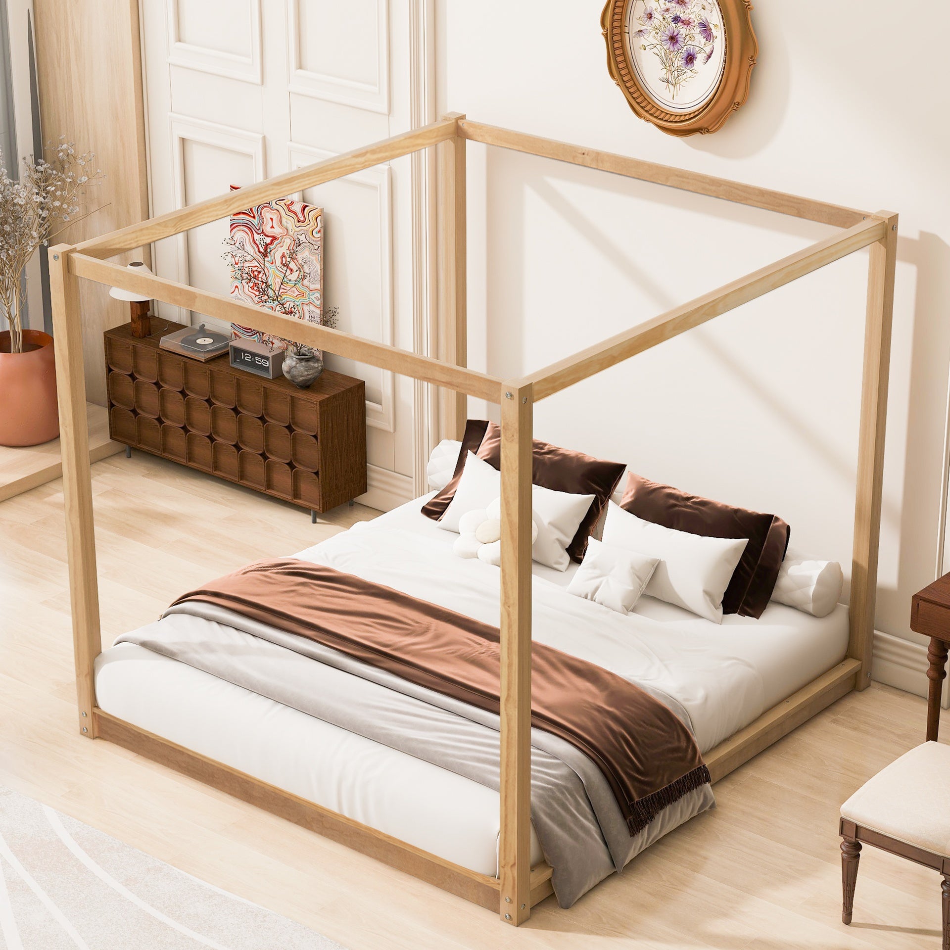 King Size Canopy Platform Bed with Support Legs, Natural