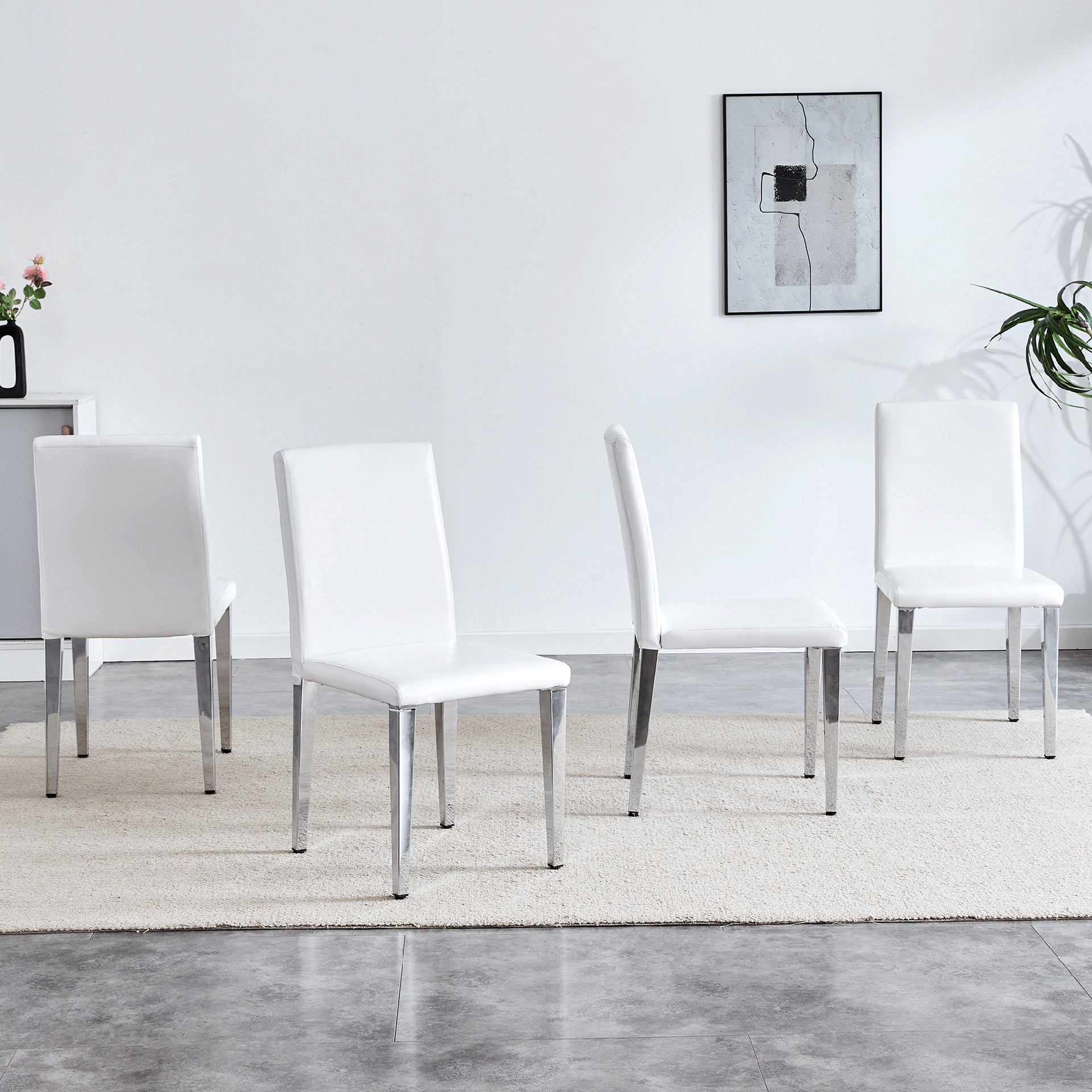 Set of 4 white PU leather backrest chairs with silver metal legs - The perfect combination, suitable for minimalist and modern home styles, with product dimensions of 16.2*18.5*34.6 inches.