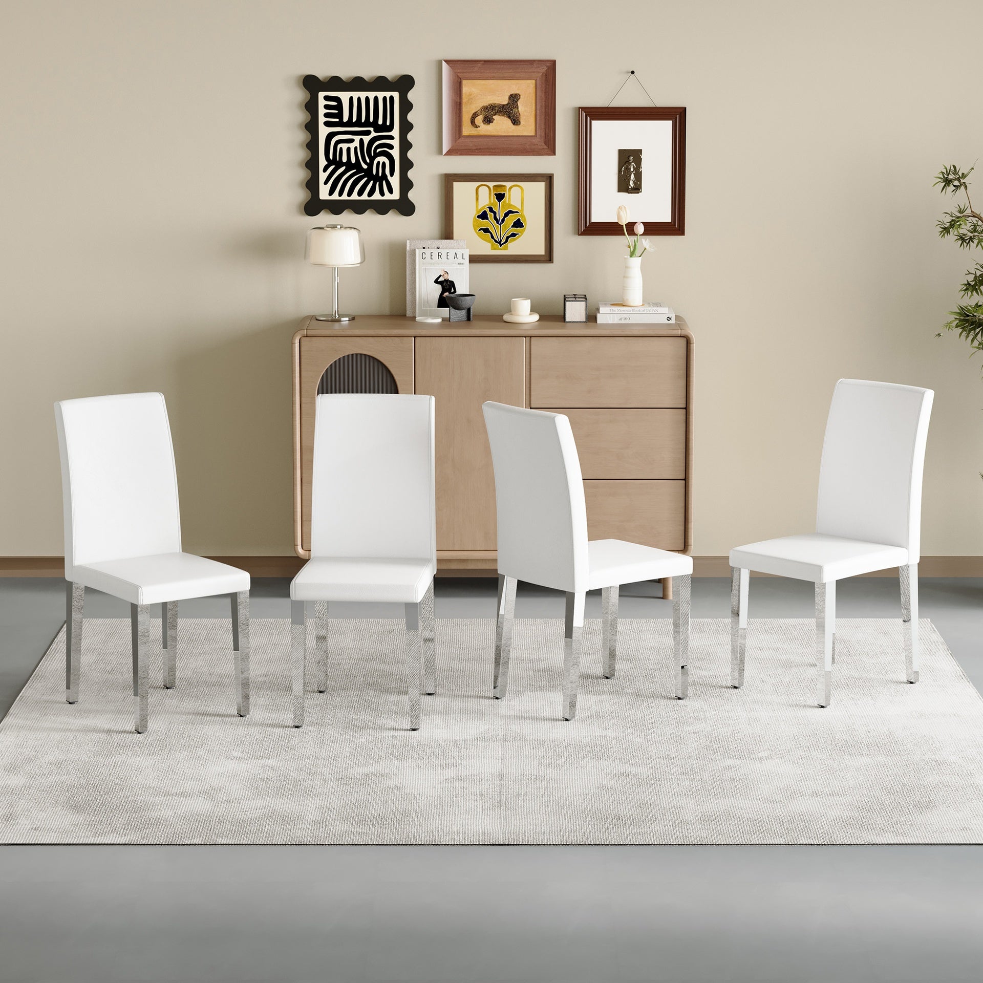 Set of 4 white PU leather backrest chairs with silver metal legs - The perfect combination, suitable for minimalist and modern home styles, with product dimensions of 16.2*18.5*34.6 inches.