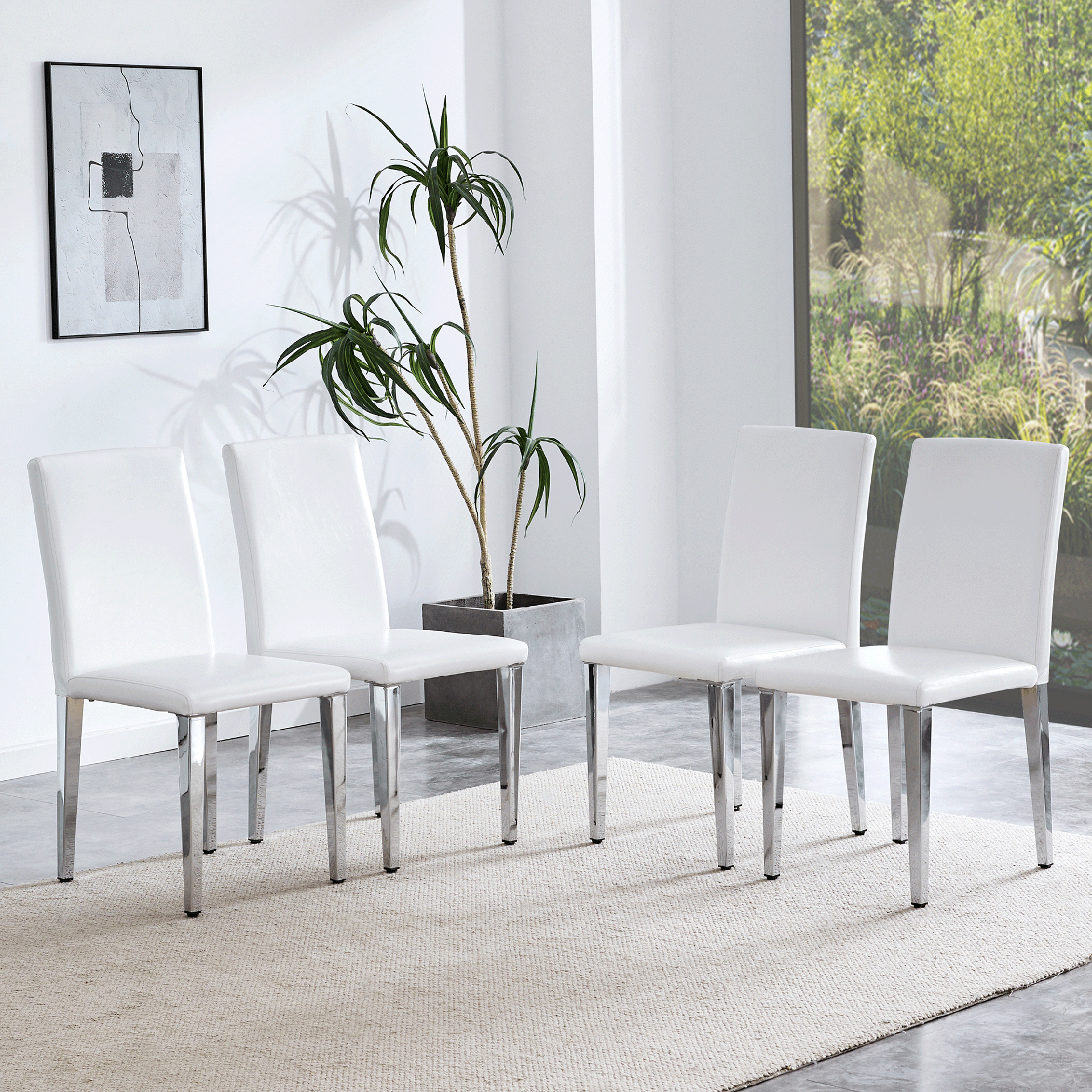 Set of 4 white PU leather backrest chairs with silver metal legs - The perfect combination, suitable for minimalist and modern home styles, with product dimensions of 16.2*18.5*34.6 inches.