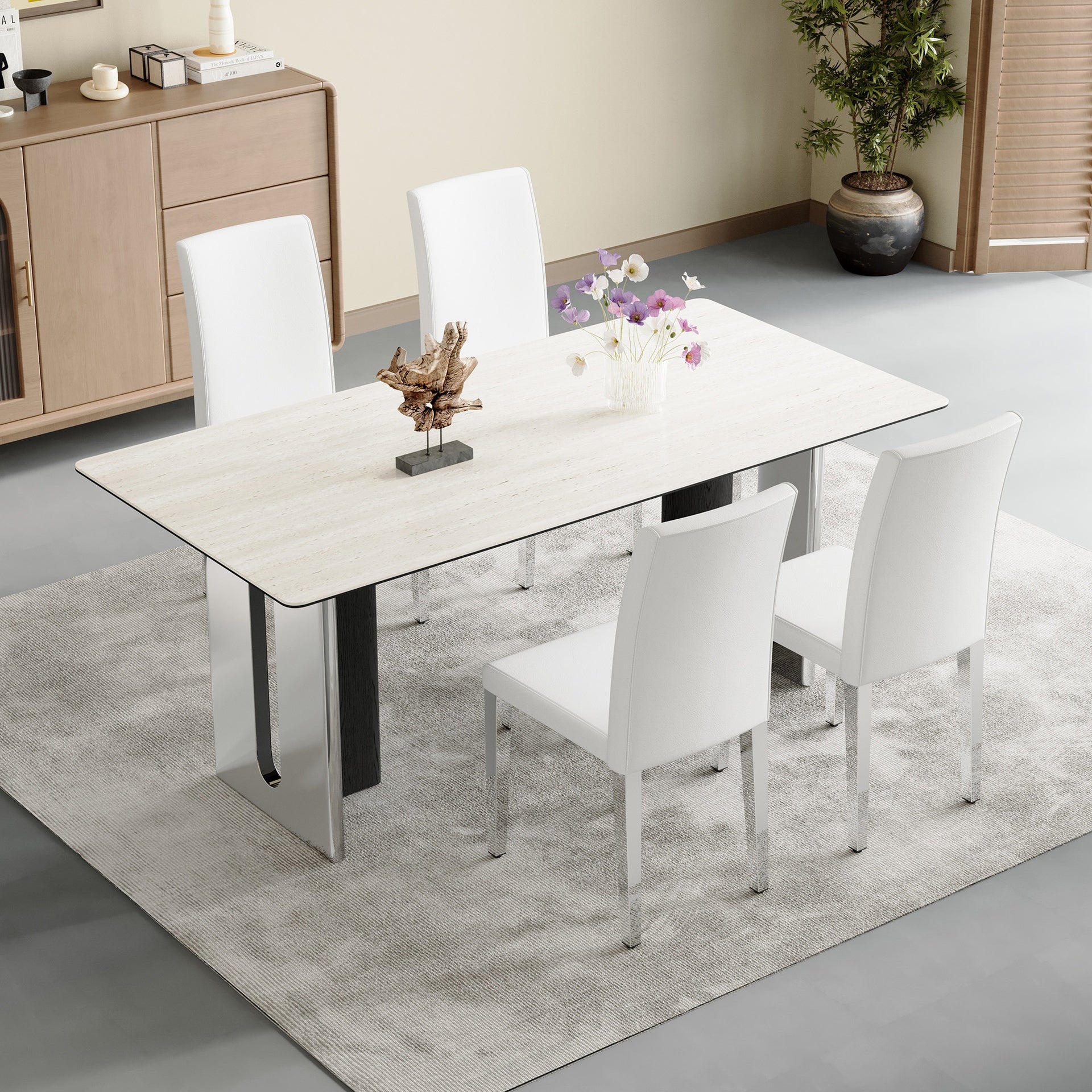 Set of 4 white PU leather backrest chairs with silver metal legs - The perfect combination, suitable for minimalist and modern home styles, with product dimensions of 16.2*18.5*34.6 inches.