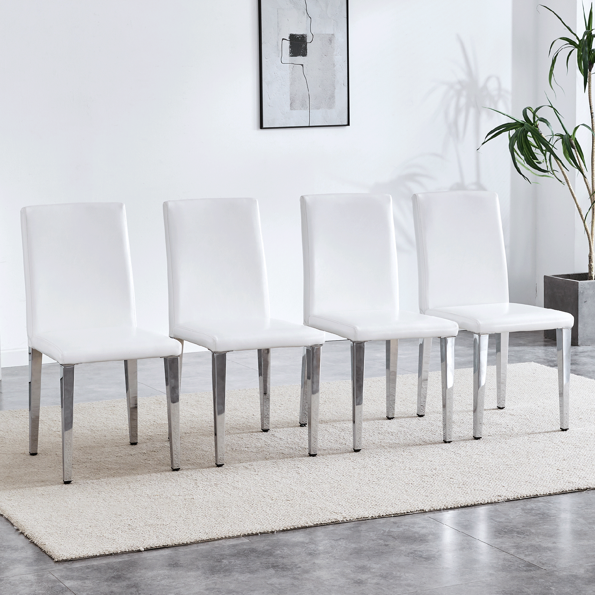 Set of 4 white PU leather backrest chairs with silver metal legs - The perfect combination, suitable for minimalist and modern home styles, with product dimensions of 16.2*18.5*34.6 inches.