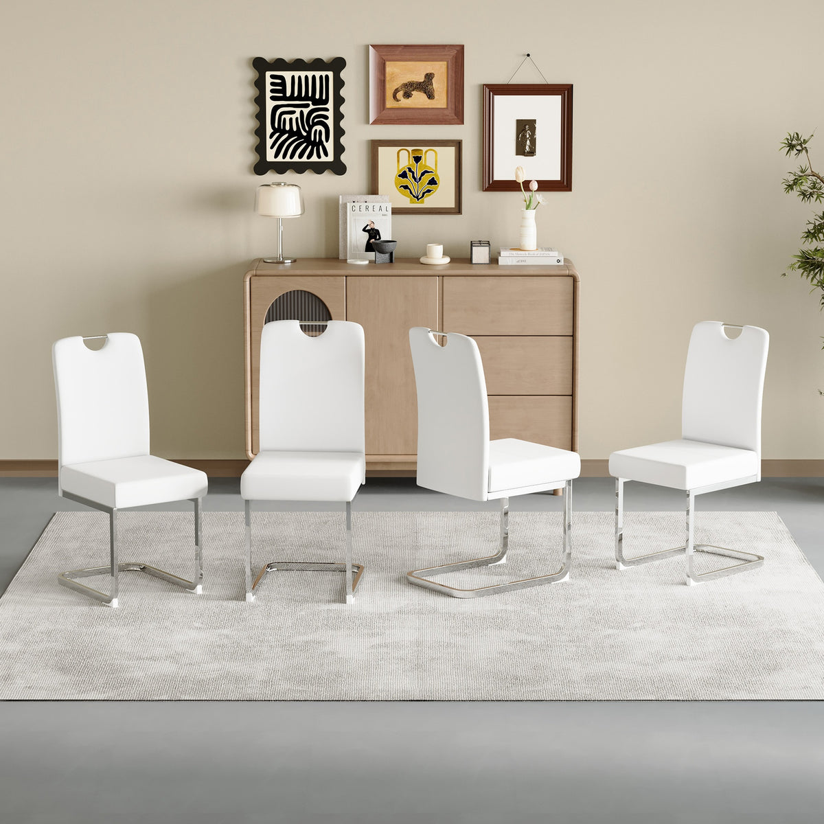 Set of 4 white thickened dining chairs with built- in spring packages and ergonomic design,perfectly blending comfort and elegance,with product dimensions of 15.7*20*38.2 inches.