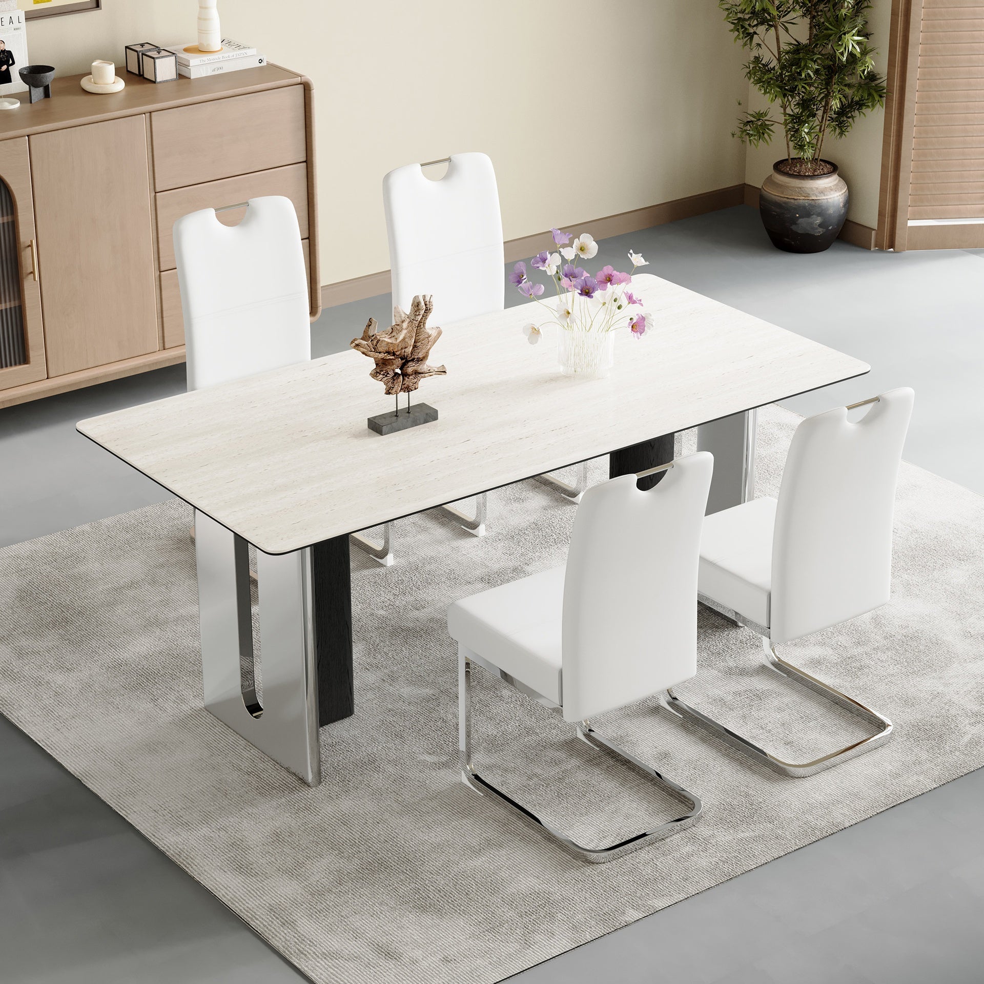 Set of 4 white thickened dining chairs with built- in spring packages and ergonomic design,perfectly blending comfort and elegance,with product dimensions of 15.7*20*38.2 inches.
