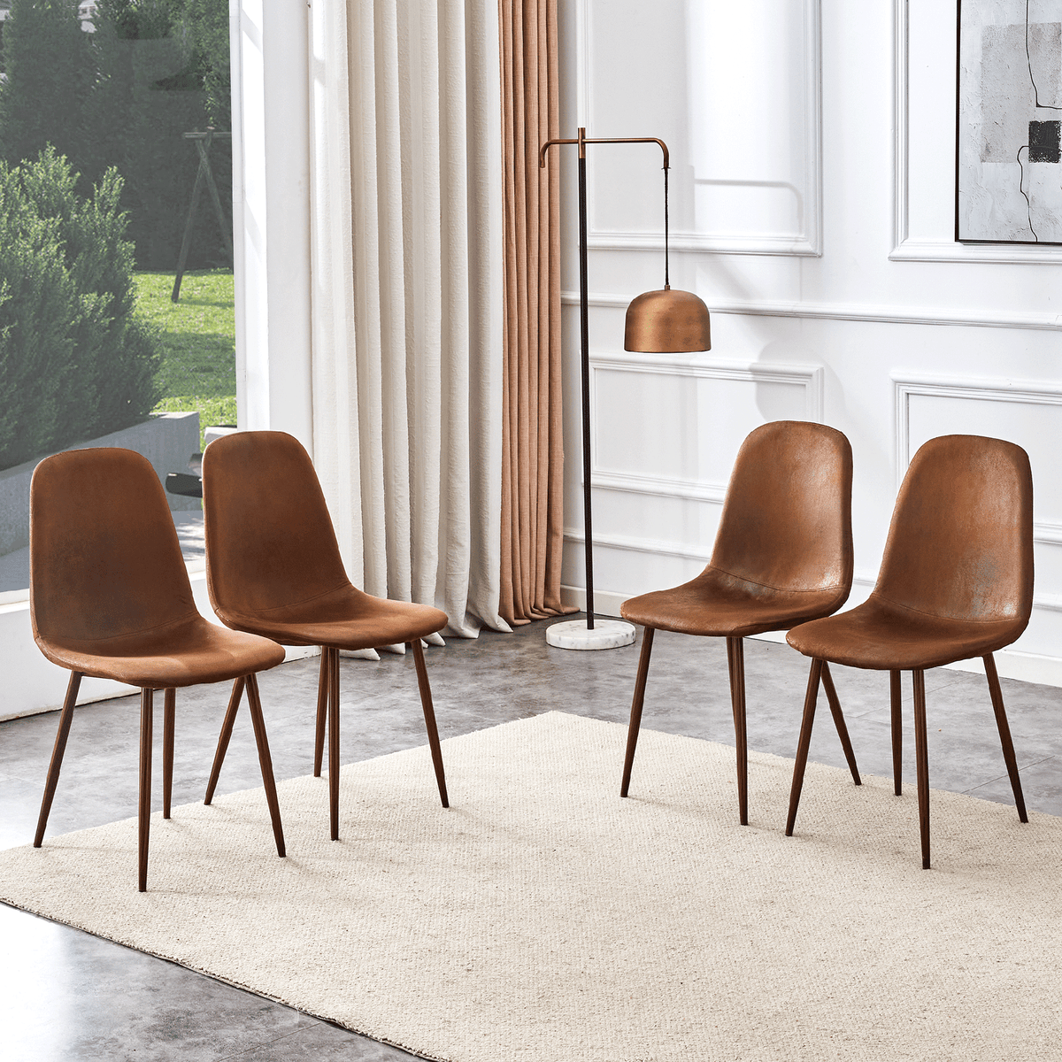 Set of 4 Suede Backrest and Walnut Color Transfer Legs Chairs - Adding a touch of elegance to minimalist and Scandinavian style homes, with product dimensions of 15.5*16.3*34.5 inches.