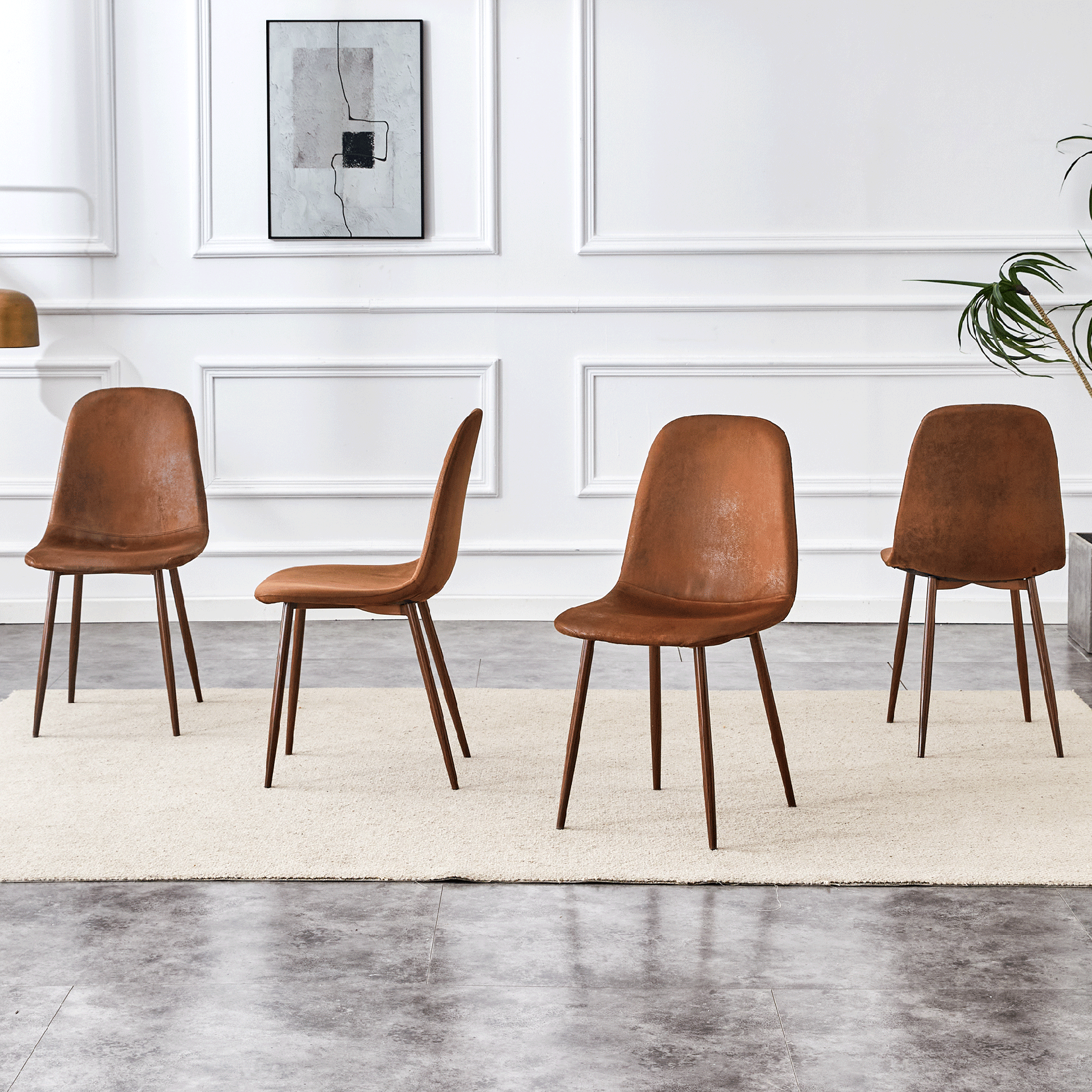 Set of 4 Suede Backrest and Walnut Color Transfer Legs Chairs - Adding a touch of elegance to minimalist and Scandinavian style homes, with product dimensions of 15.5*16.3*34.5 inches.