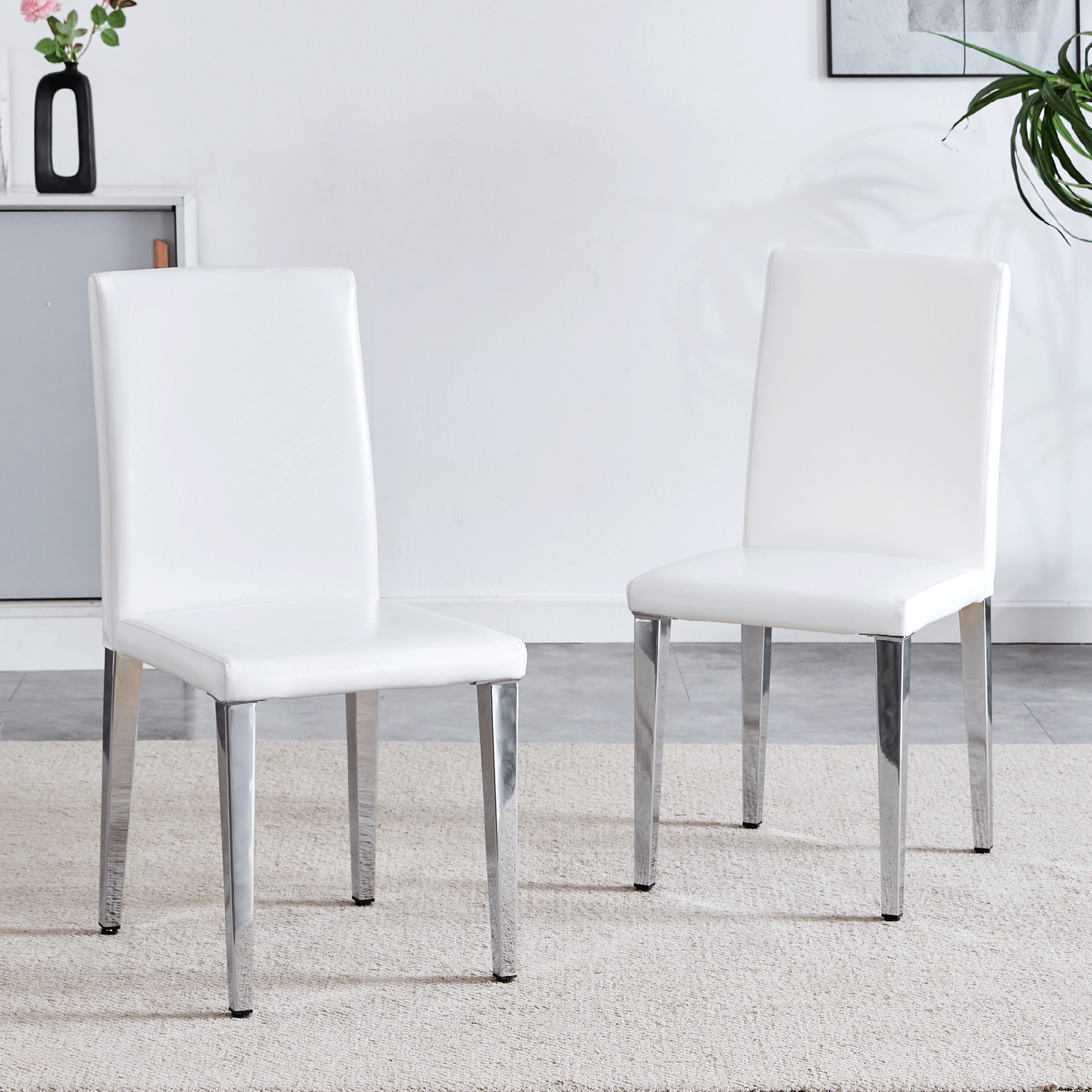 Set of 2 white PU leather backrest chairs with silver metal legs - The perfect combination, suitable for minimalist and modern home styles, with product dimensions of 16.2*18.5*34.6 inches