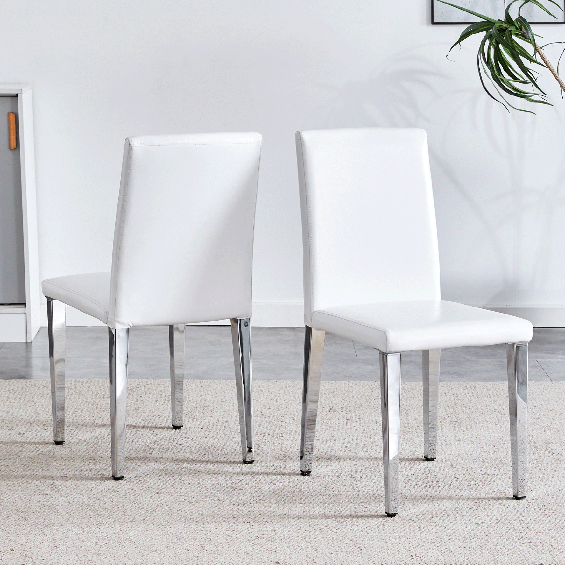 Set of 2 white PU leather backrest chairs with silver metal legs - The perfect combination, suitable for minimalist and modern home styles, with product dimensions of 16.2*18.5*34.6 inches