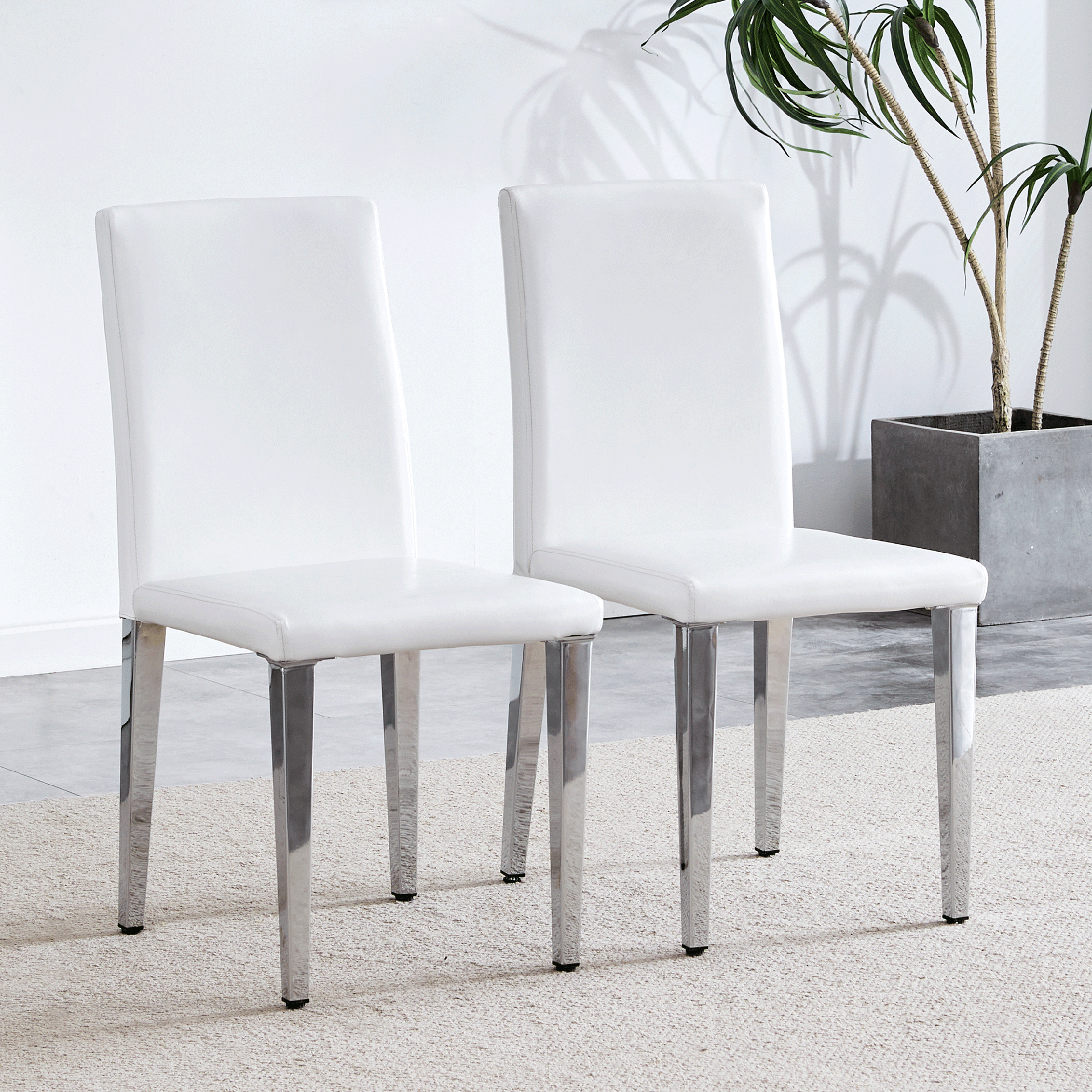 Set of 2 white PU leather backrest chairs with silver metal legs - The perfect combination, suitable for minimalist and modern home styles, with product dimensions of 16.2*18.5*34.6 inches