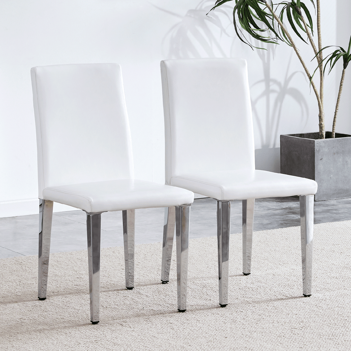 Set of 2 white PU leather backrest chairs with silver metal legs - The perfect combination, suitable for minimalist and modern home styles, with product dimensions of 16.2*18.5*34.6 inches