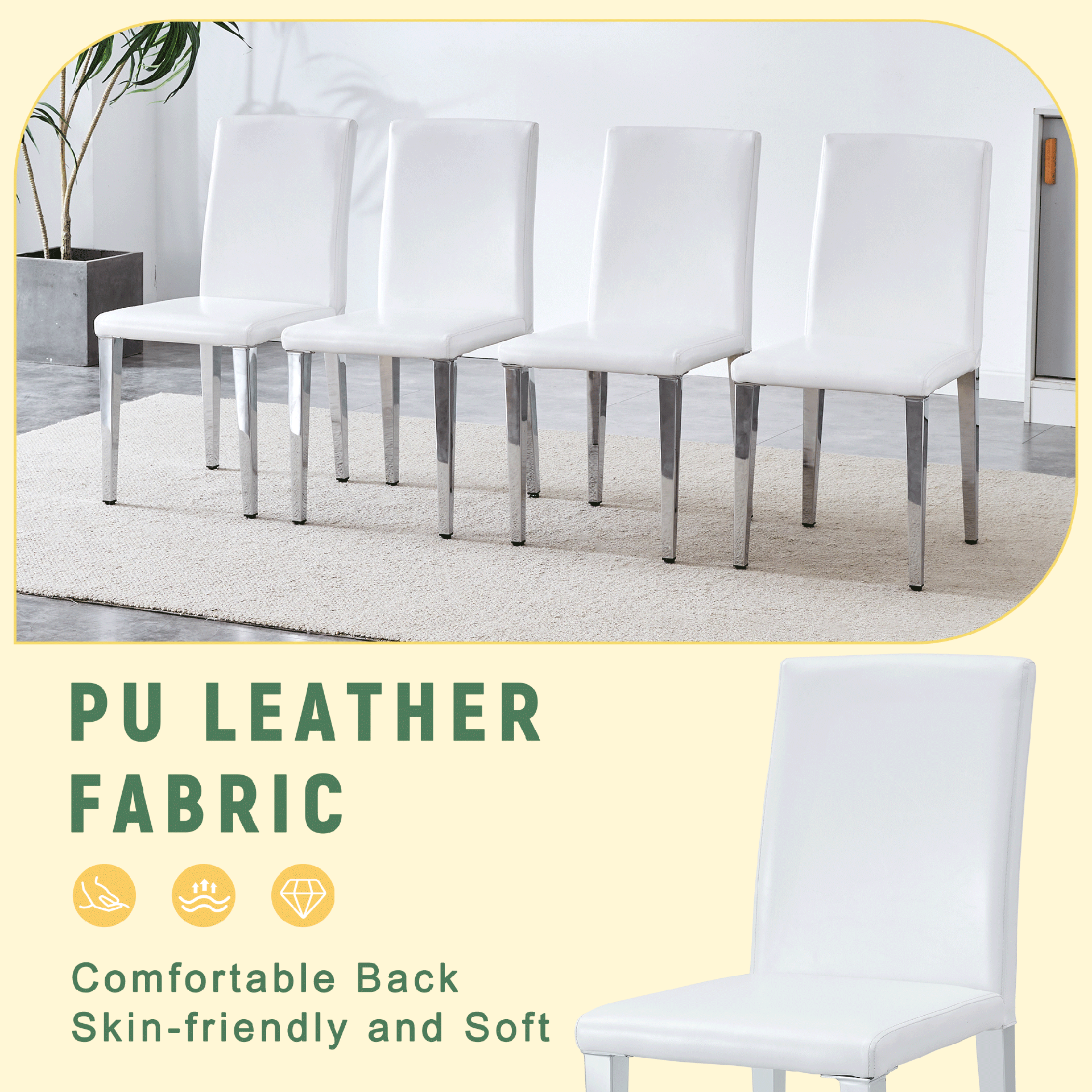 Set of 2 white PU leather backrest chairs with silver metal legs - The perfect combination, suitable for minimalist and modern home styles, with product dimensions of 16.2*18.5*34.6 inches