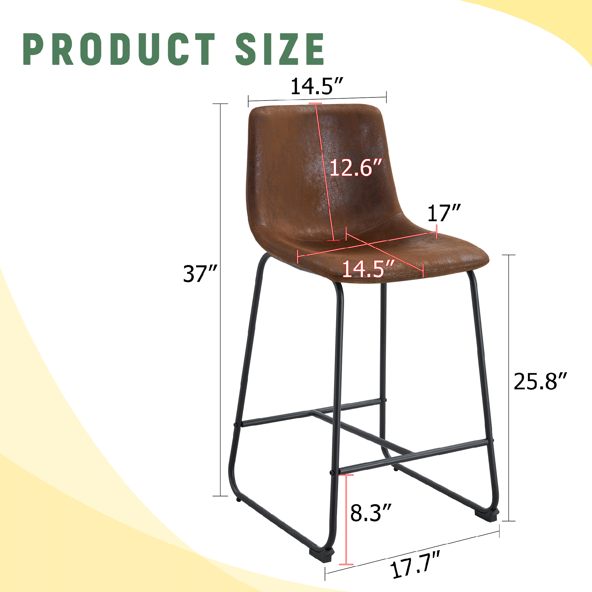 Set of  2 Retro Brown Suede Bar Chairs,Comfortable stools suitable for industrial and vintage style settings, with product dimensions of 17.7*14.5*37 inches.
