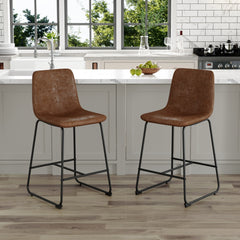 Set of  2 Retro Brown Suede Bar Chairs,Comfortable stools suitable for industrial and vintage style settings, with product dimensions of 17.7*14.5*37 inches.