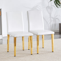 Set of 2 white PU leather backrest chairs with gold metal legs -A perfect match, suitable for minimalist and contemporary home decor styles, with product dimensions of 16.2*18.5*34.6 inches.