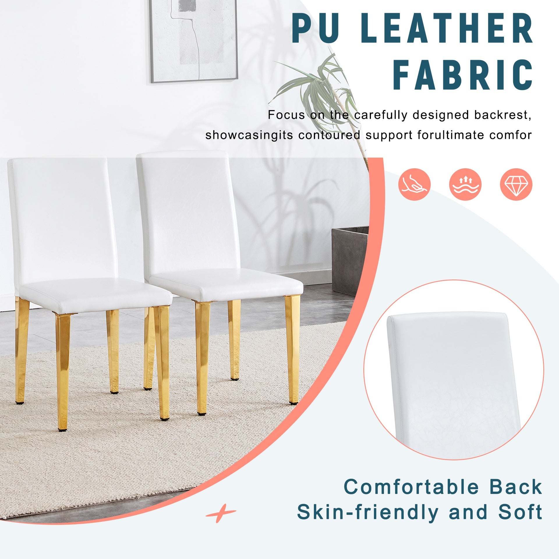Set of 2 white PU leather backrest chairs with gold metal legs -A perfect match, suitable for minimalist and contemporary home decor styles, with product dimensions of 16.2*18.5*34.6 inches.