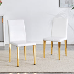 Set of 2 white PU leather backrest chairs with gold metal legs -A perfect match, suitable for minimalist and contemporary home decor styles, with product dimensions of 16.2*18.5*34.6 inches.