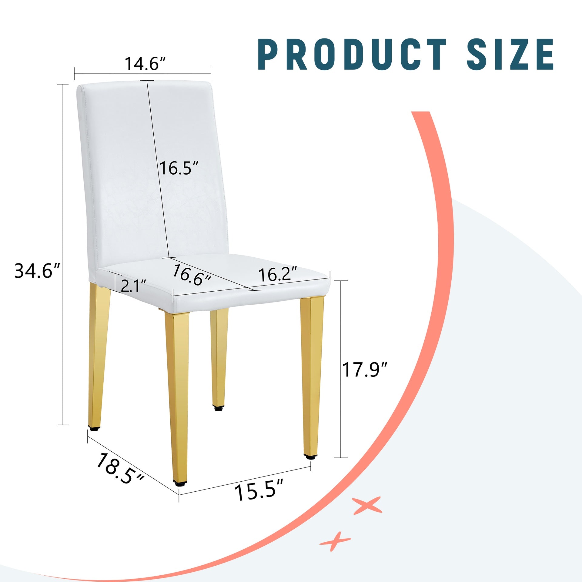 Set of 2 white PU leather backrest chairs with gold metal legs -A perfect match, suitable for minimalist and contemporary home decor styles, with product dimensions of 16.2*18.5*34.6 inches.