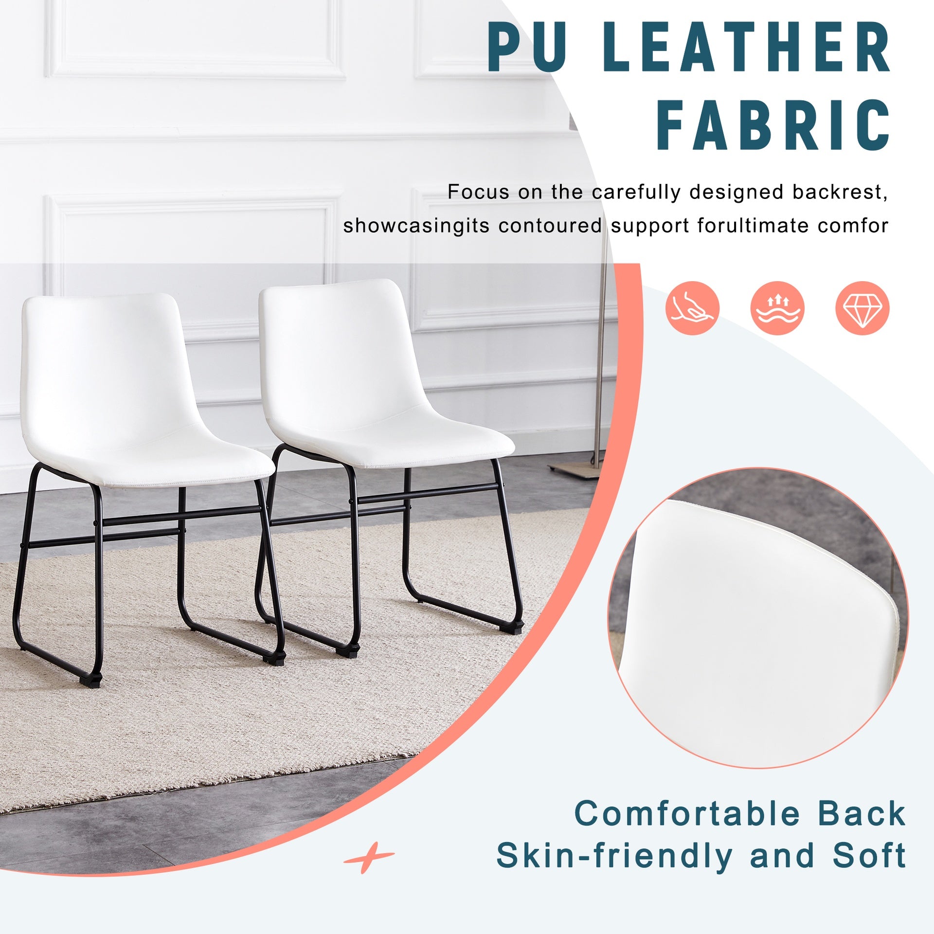 Set of 4 Classic White PU Leather Chairs, A stylish seat perfect for modern minimalist and industrial style environments, with dimensions of 17.7*20.8*37 inches.