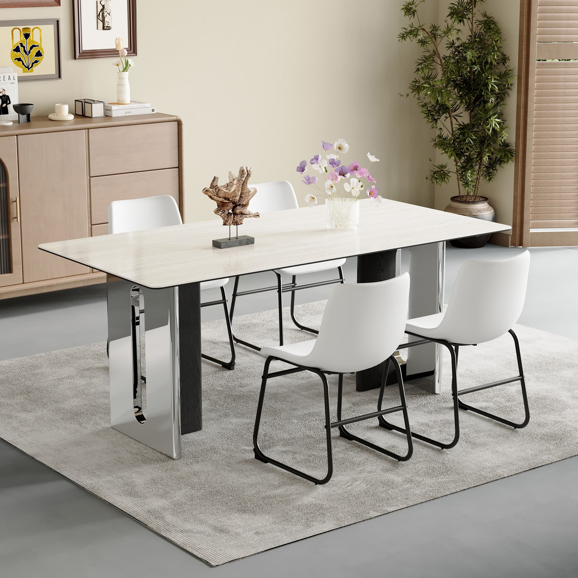 Set of 4 Classic White PU Leather Chairs, A stylish seat perfect for modern minimalist and industrial style environments, with dimensions of 17.7*20.8*37 inches.