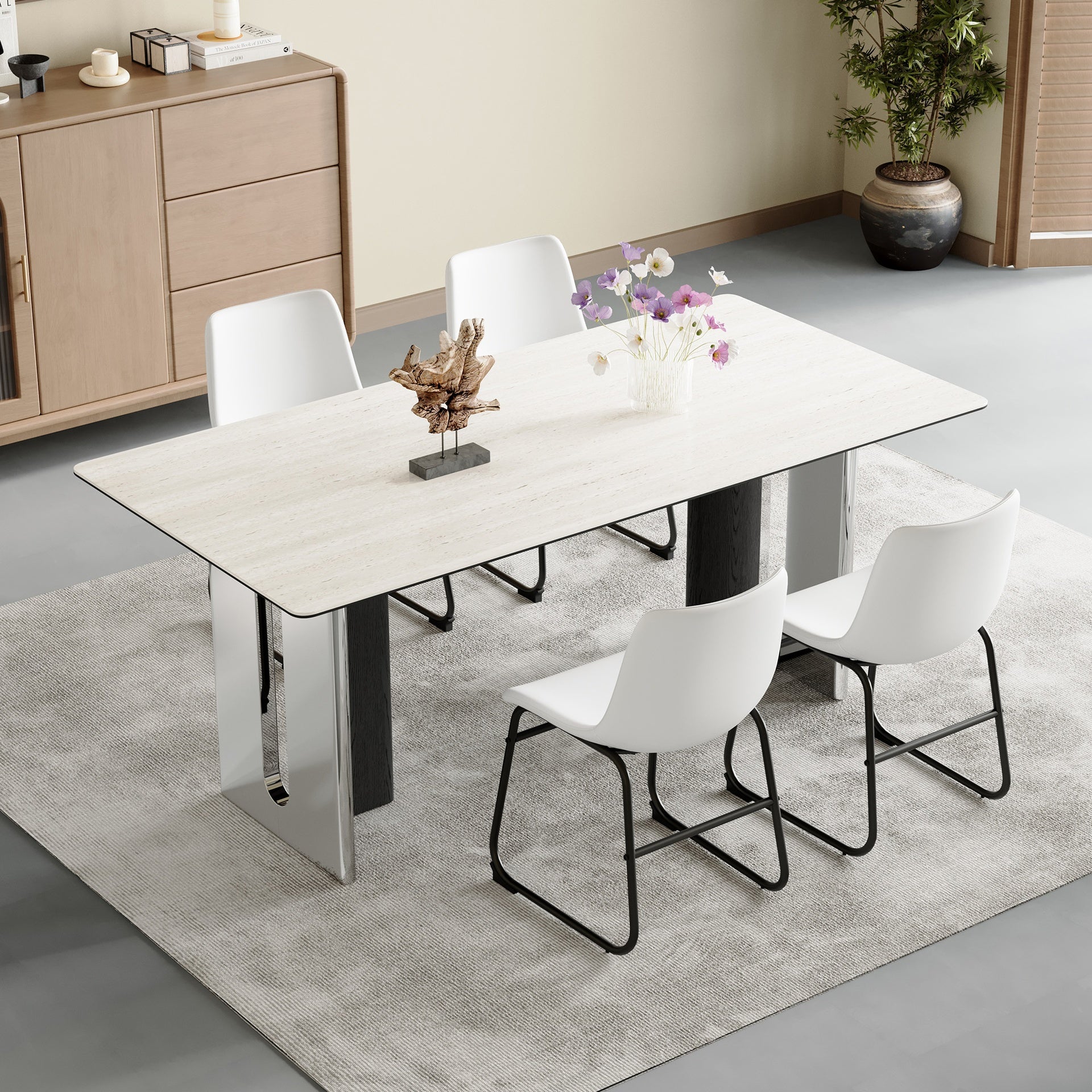 Set of 4 Classic White PU Leather Chairs, A stylish seat perfect for modern minimalist and industrial style environments, with dimensions of 17.7*20.8*37 inches.