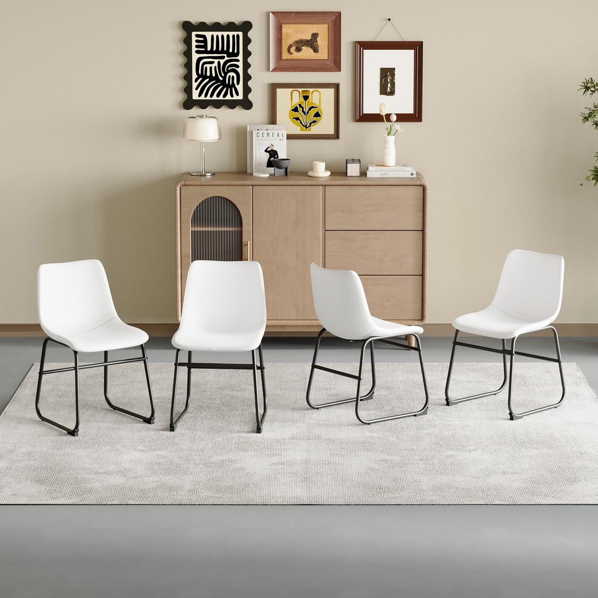 Set of 4 Classic White PU Leather Chairs, A stylish seat perfect for modern minimalist and industrial style environments, with dimensions of 17.7*20.8*37 inches.
