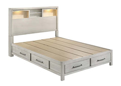 Modern Transitional Style Queen Size 1pc Bed Smooth Gliding Drawers Metal Handles Built In Lights Open Headboard Shelves Antique White Finish Bedroom Furniture