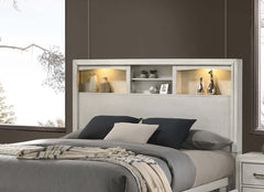 Modern Transitional Style Queen Size 1pc Bed Smooth Gliding Drawers Metal Handles Built In Lights Open Headboard Shelves Antique White Finish Bedroom Furniture