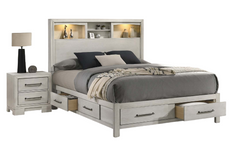 Modern Transitional Style Queen Size 1pc Bed Smooth Gliding Drawers Metal Handles Built In Lights Open Headboard Shelves Antique White Finish Bedroom Furniture