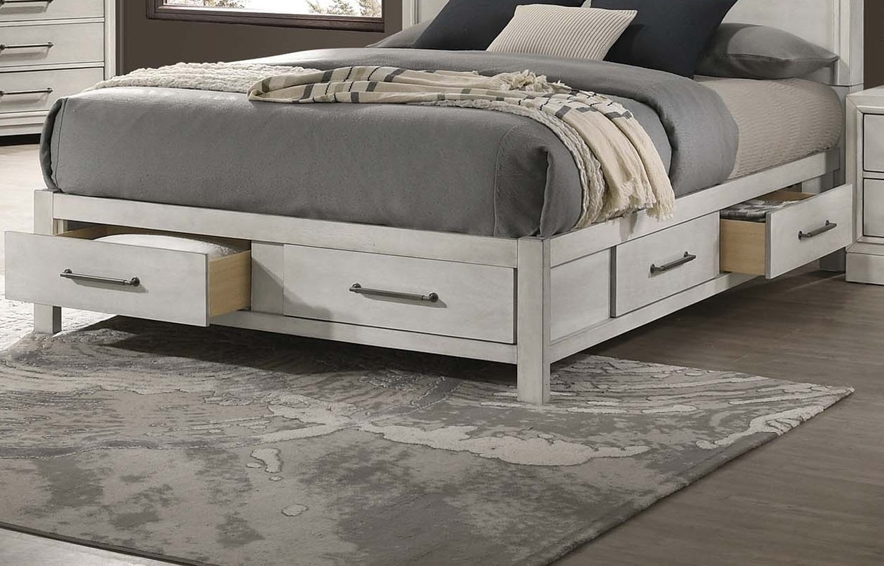 Modern Transitional Style Queen Size 1pc Bed Smooth Gliding Drawers Metal Handles Built In Lights Open Headboard Shelves Antique White Finish Bedroom Furniture