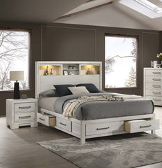 Modern Transitional Style Queen Size 1pc Bed Smooth Gliding Drawers Metal Handles Built In Lights Open Headboard Shelves Antique White Finish Bedroom Furniture