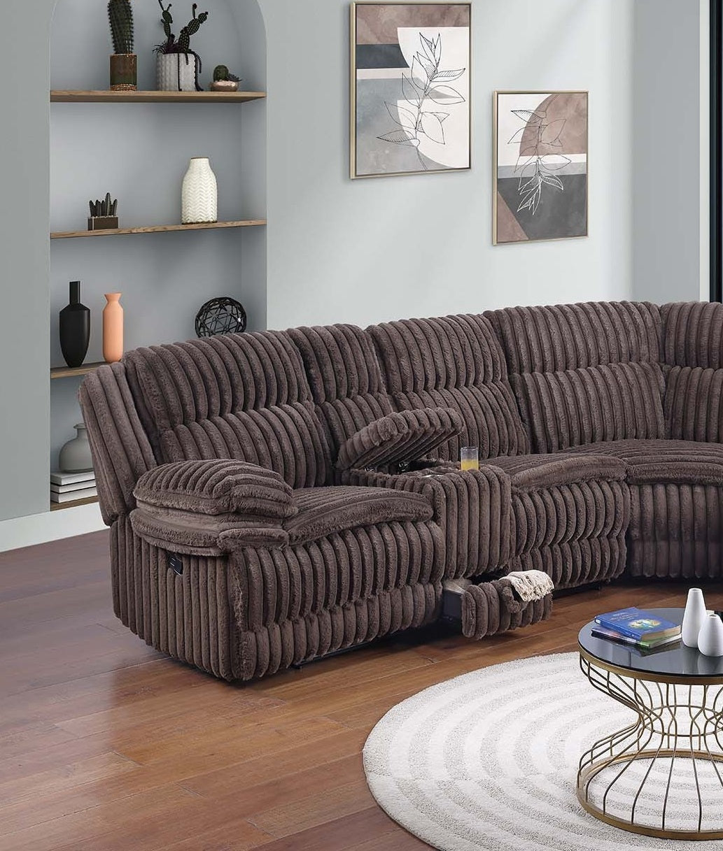 Chocolate Fur Like Corduroy U-Shaped Sectional Sofa w Console Cup Holder, Storage Drawer Motion Reclining Living Room Couch 3pc set
