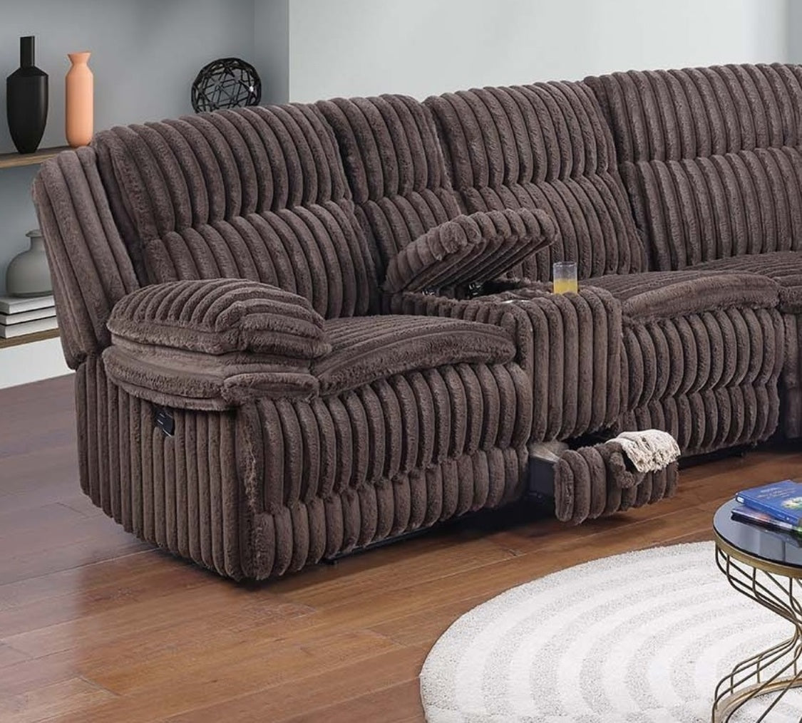 Chocolate Fur Like Corduroy U-Shaped Sectional Sofa w Console Cup Holder, Storage Drawer Motion Reclining Living Room Couch 3pc set