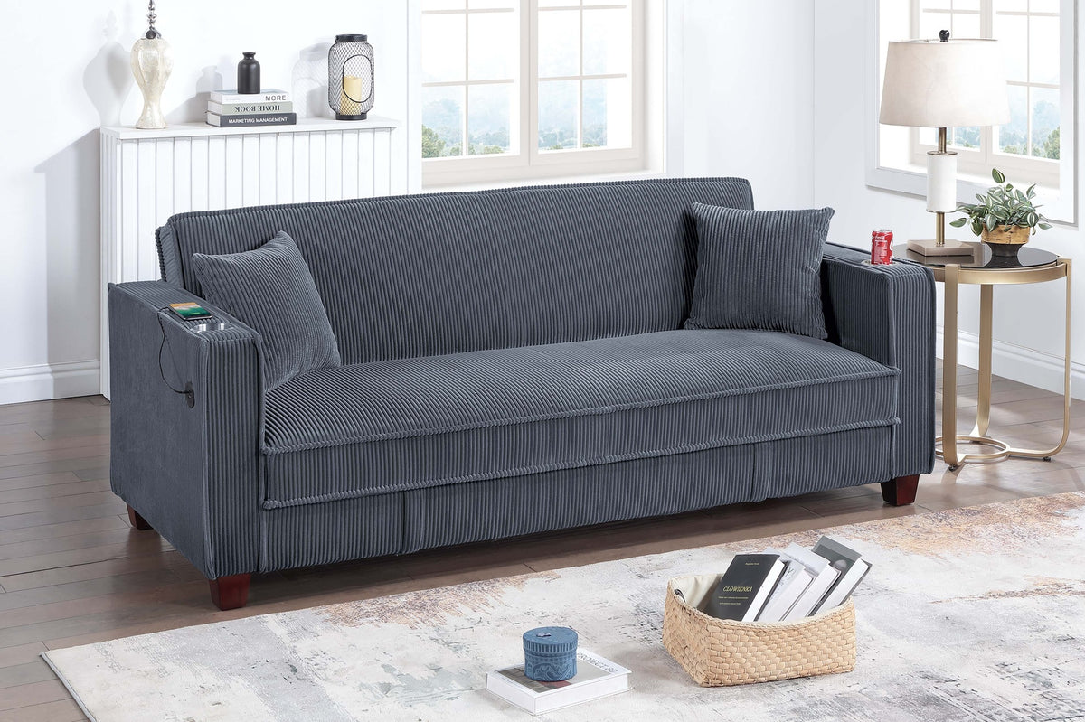 Contemporary Style 1pc Convertible Sofa Square Arms Built In Cup Holders Hidden Storage Matching Throw Pillow USB Port Dark Gray Finish Primary Living Room