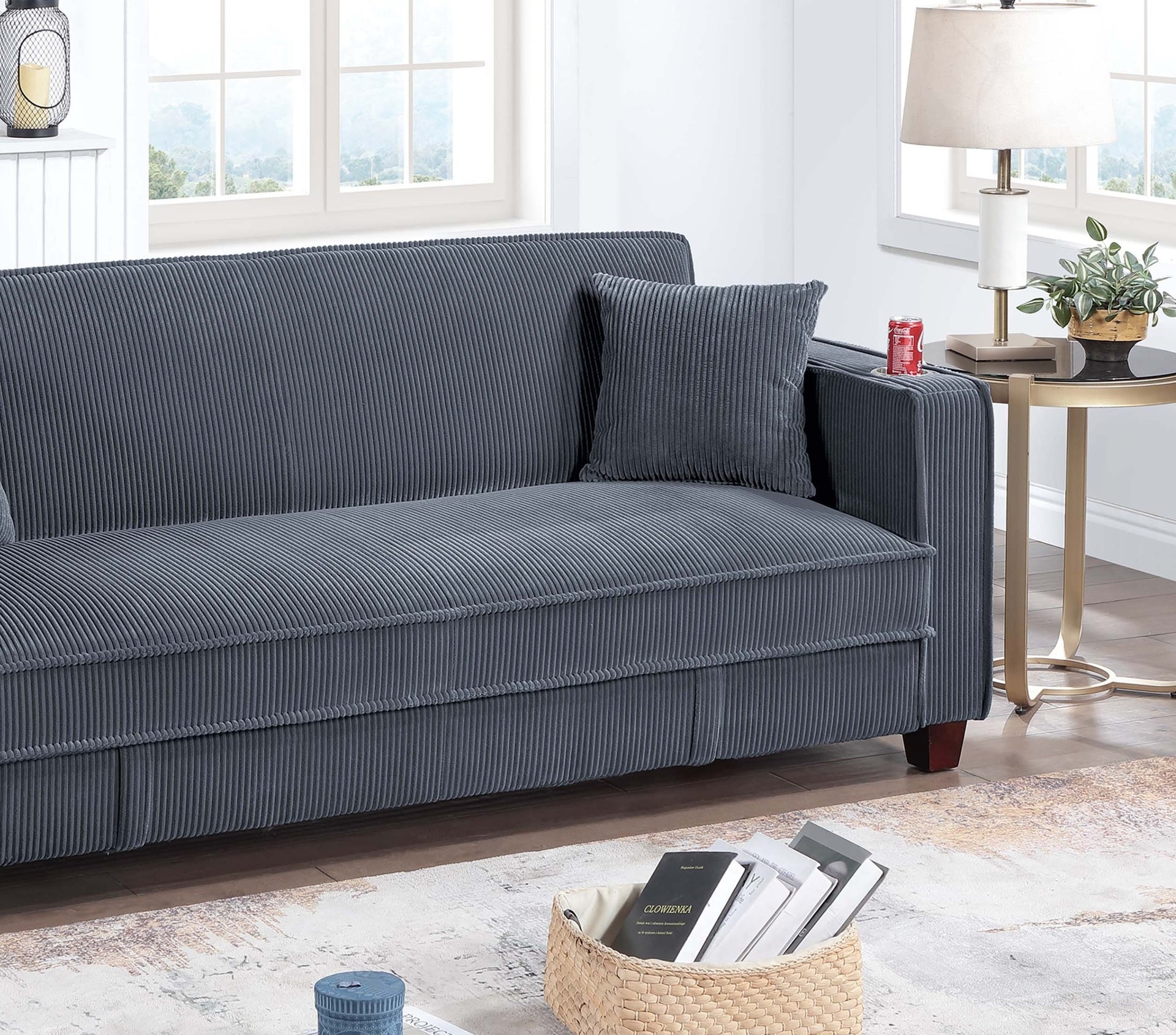 Contemporary Style 1pc Convertible Sofa Square Arms Built In Cup Holders Hidden Storage Matching Throw Pillow USB Port Dark Gray Finish Primary Living Room