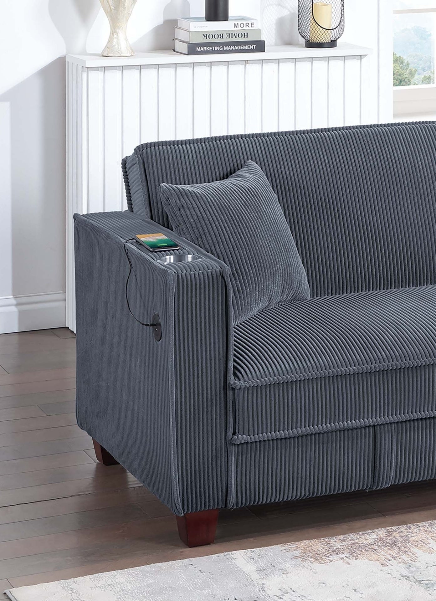 Contemporary Style 1pc Convertible Sofa Square Arms Built In Cup Holders Hidden Storage Matching Throw Pillow USB Port Dark Gray Finish Primary Living Room
