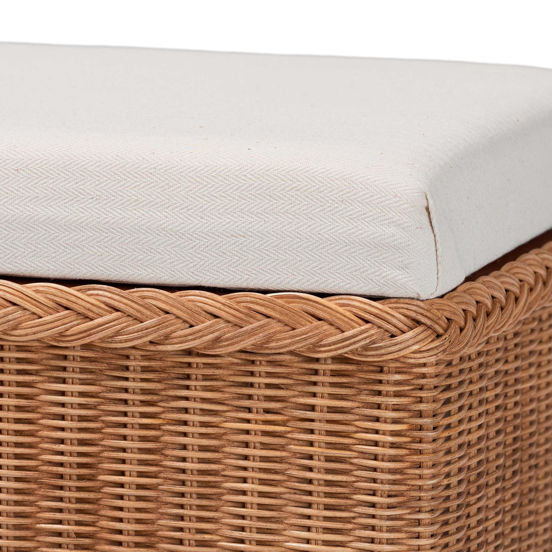 Braided Natural Rattan Storage Bench with Cushioned Lift-Top Lid - Coastal Boho Style Chest for Bedroom, Entryway, or Living Room Organization, 31" Rectangle, Brown